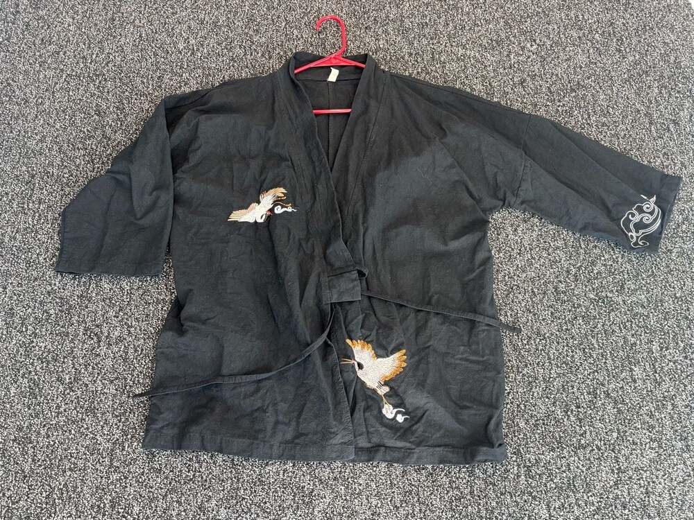 Black Embroidered Crane Kimono Style Wrap Jacket